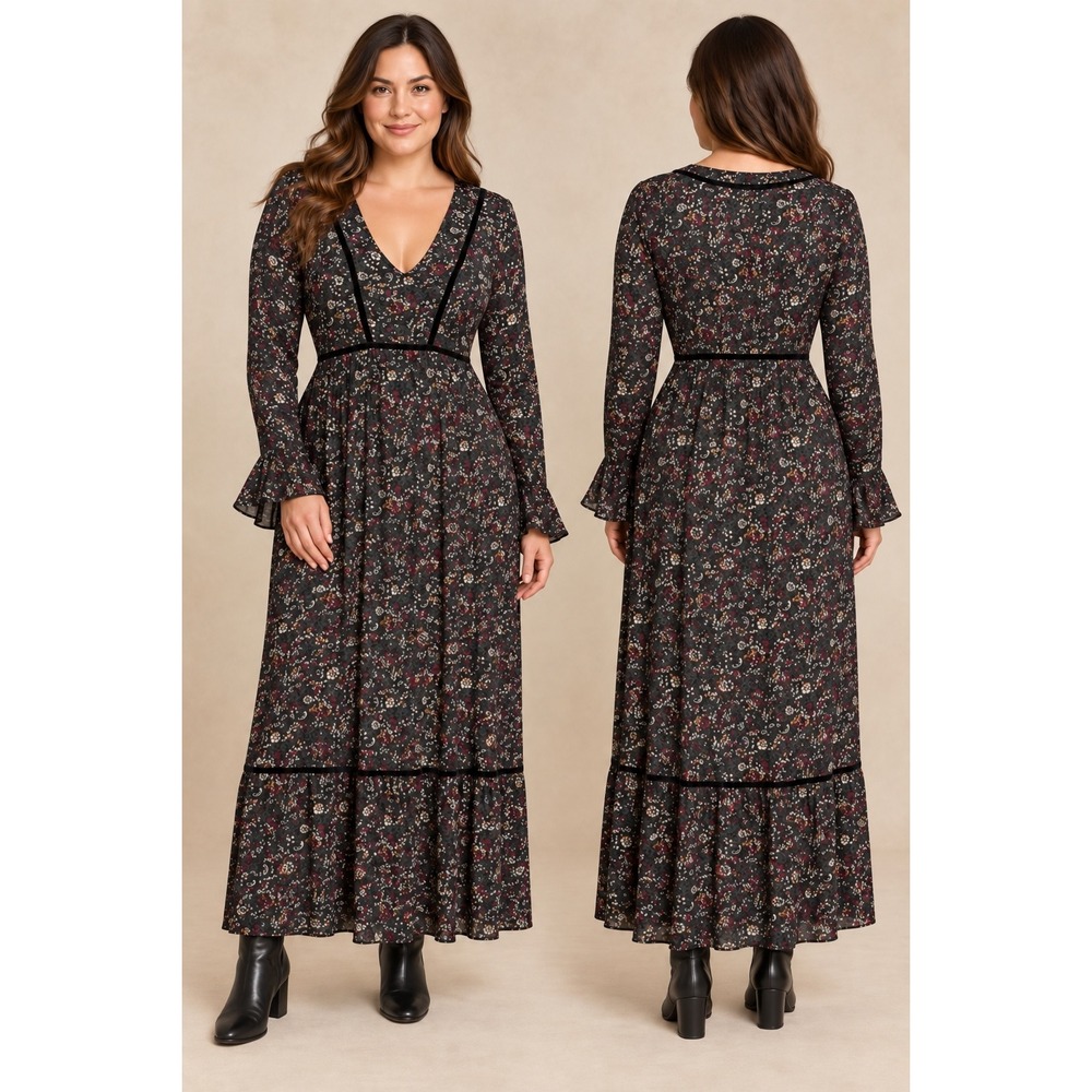 Black Maxi Dress Dark Cottagecore Whimsigoth Ditsy Floral Velvet Trim Western